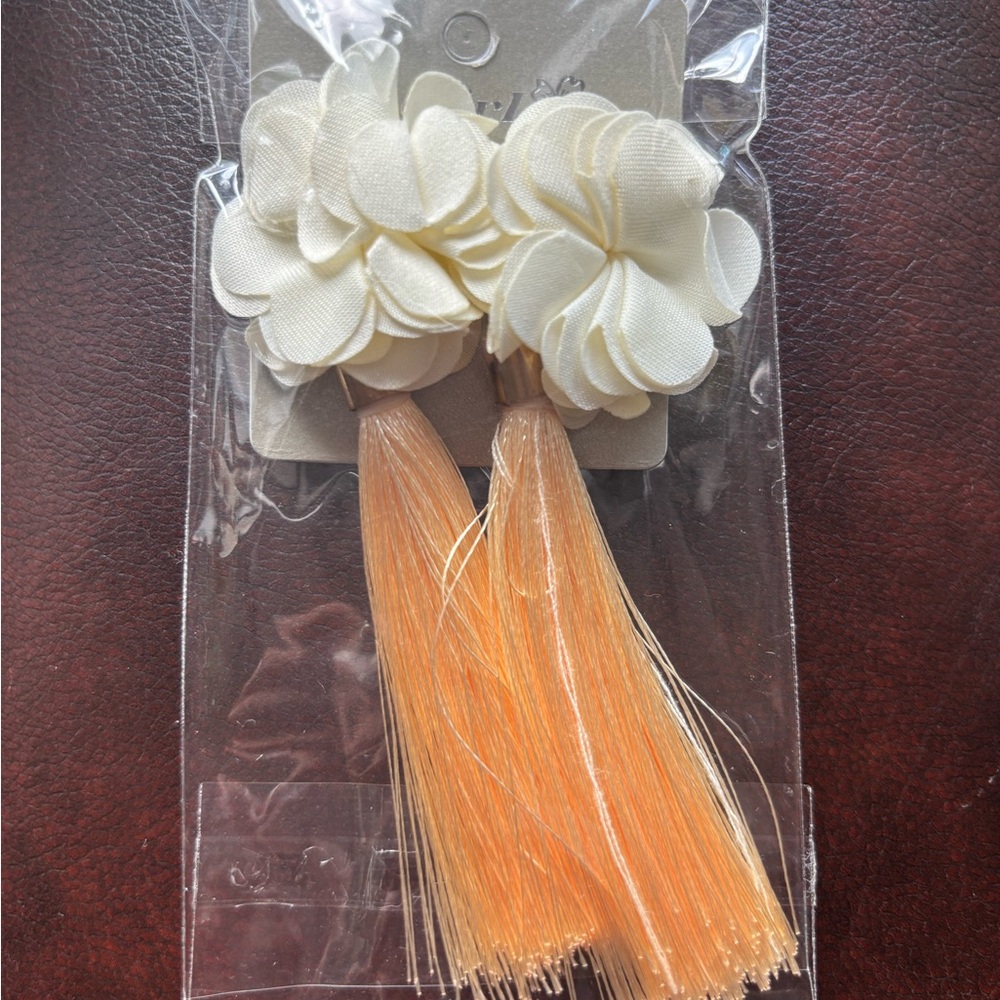 Cream and Tan Floral Tassel Earrings - Picture 2 of 5